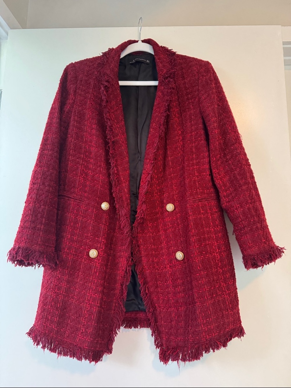 Zara Size Medium Women's Red Tweed Fringe Double-Breasted Coat Blazer IRO